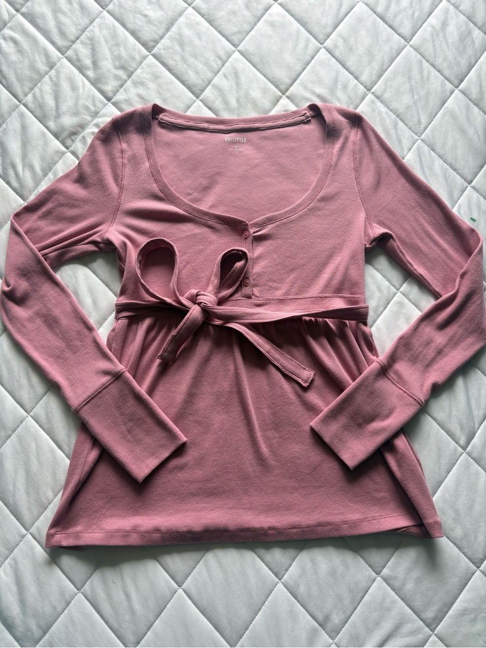 Hollister Dusty Pink Ribbed Tie Waist Babydoll Top